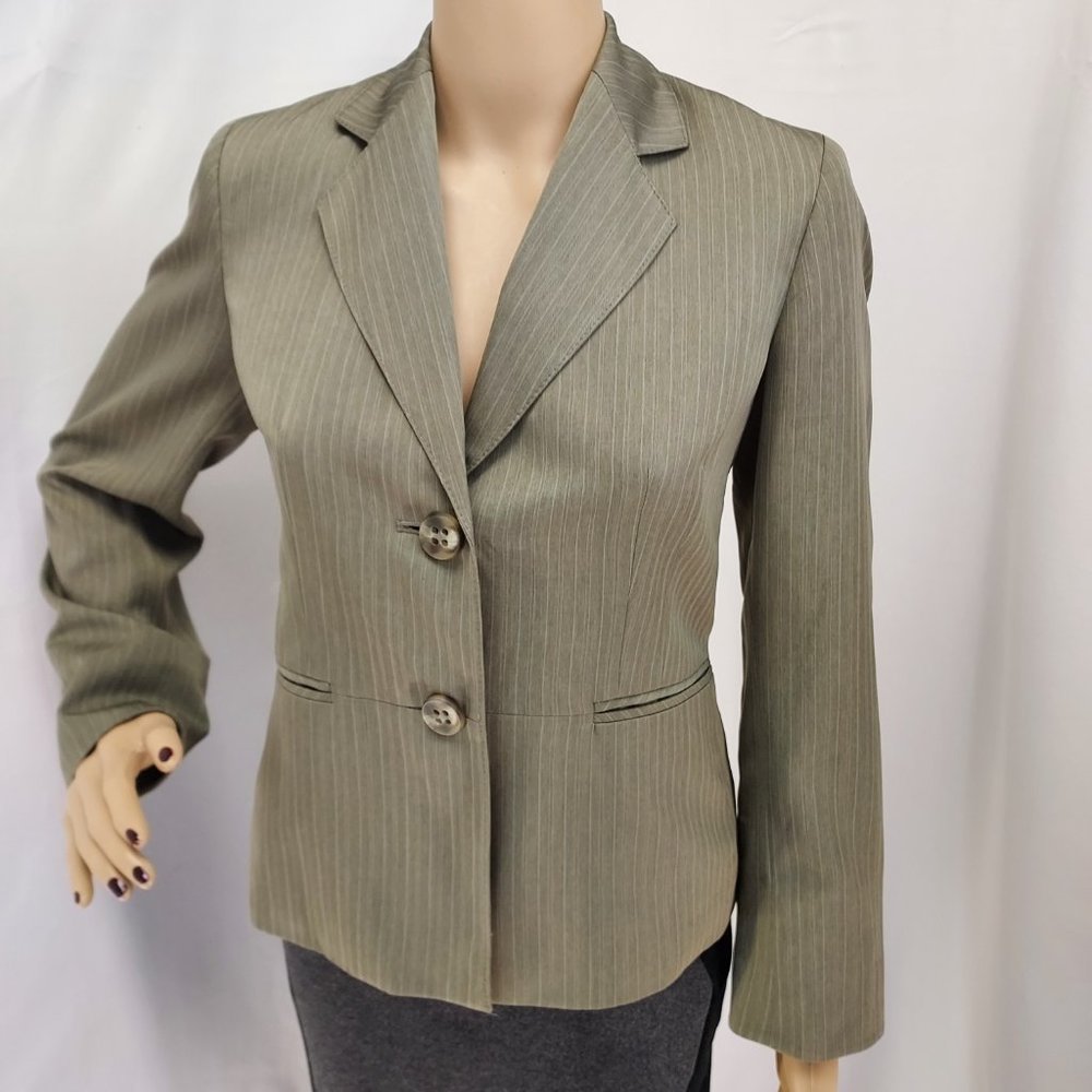 SUIT STUDIO  GREEN TAN  STRIPE BUTTON CAREER CASUAL JACKET BLAZER SIZE: 6P